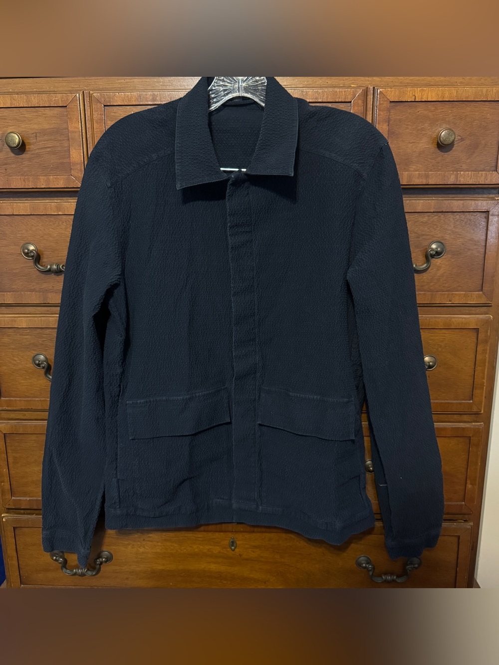 COS Textured Seersucker Overshirt Shacket Chore Utility Jacket Black Mens 15 S